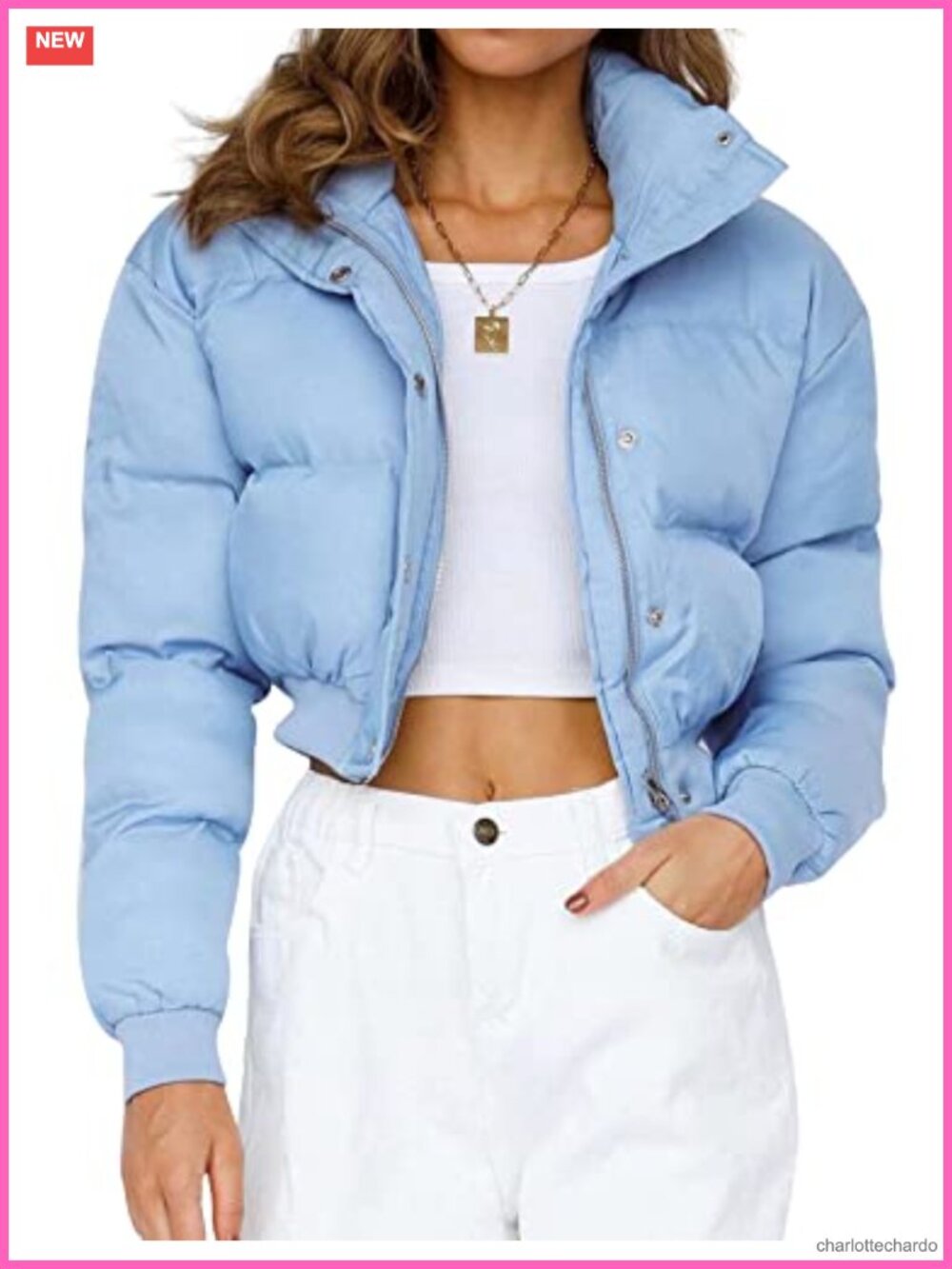 Cropped Puffer Jacket Quilted Bubble Coat Zip Snap Winter Warm